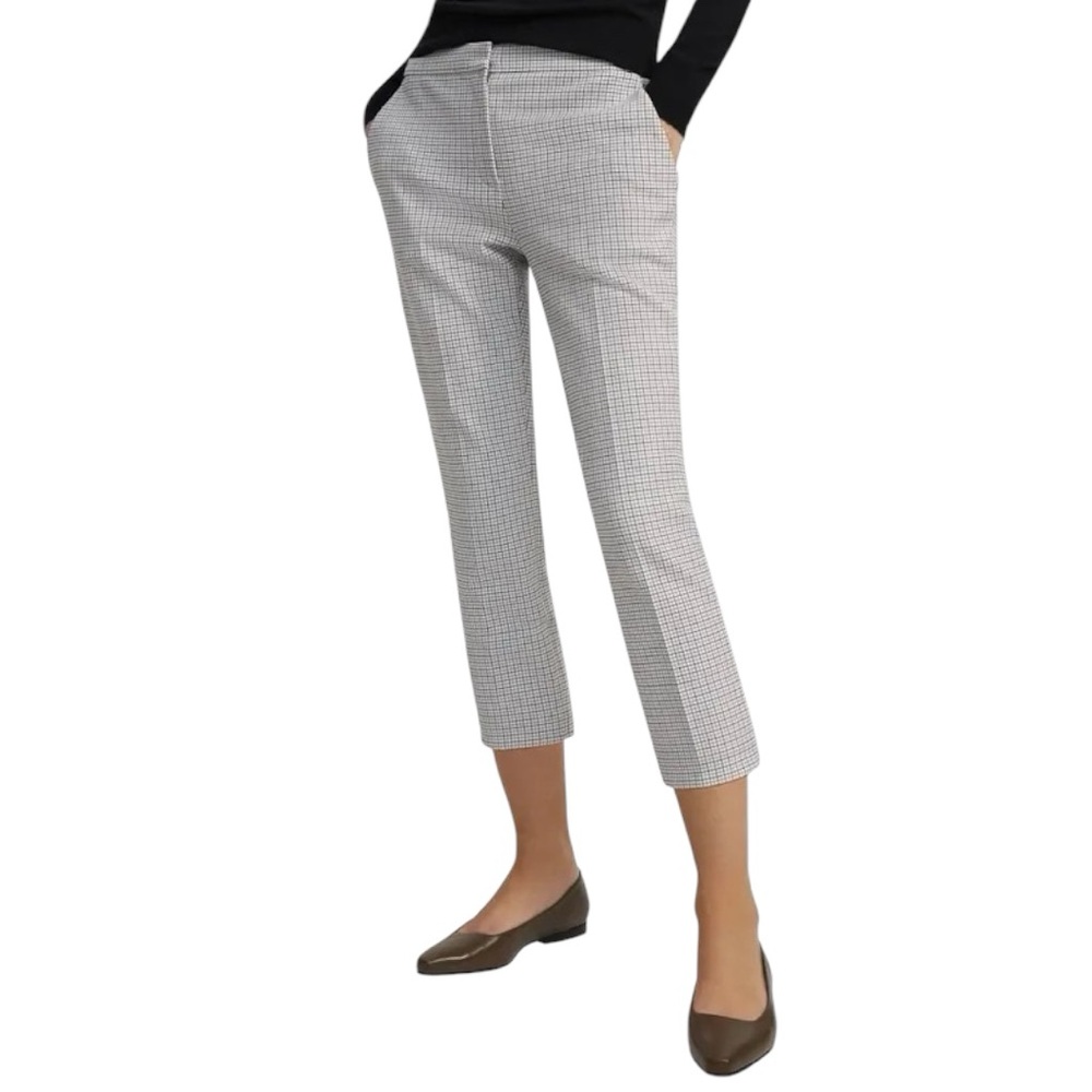 Theory Women’s Grid Print Easy Capri Pant in White w/ Grey/Black check Sz 6 EUC